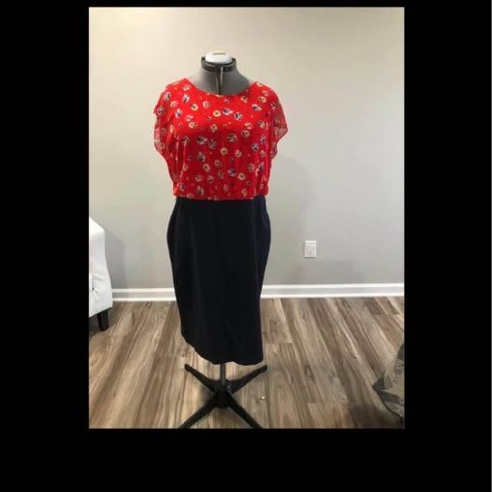 1X Size 18 AA Studio Sleeveless Dress Red Floral Print Top Black Skirt C3708